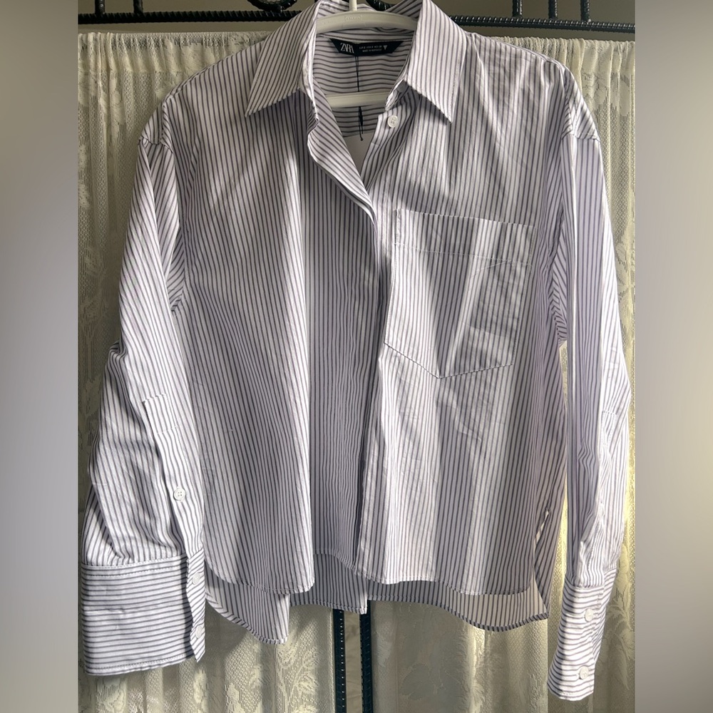 zara small striped crop button down shirt nwt